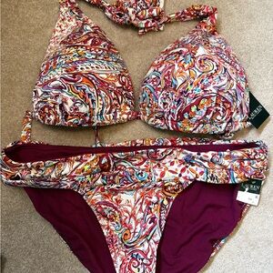 NWT RALPH LAUREN Mystic Paisley Plum Halter Foldover Bikini Set Suit 14 16 DD XL